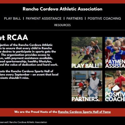 A screenshot of the Rancho Cordova Athletic Association website featuring their logo, navigation menu, and images related to their sports programs.