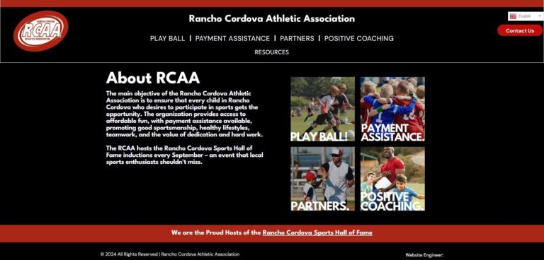 A screenshot of the Rancho Cordova Athletic Association website featuring their logo, navigation menu, and images related to their sports programs.