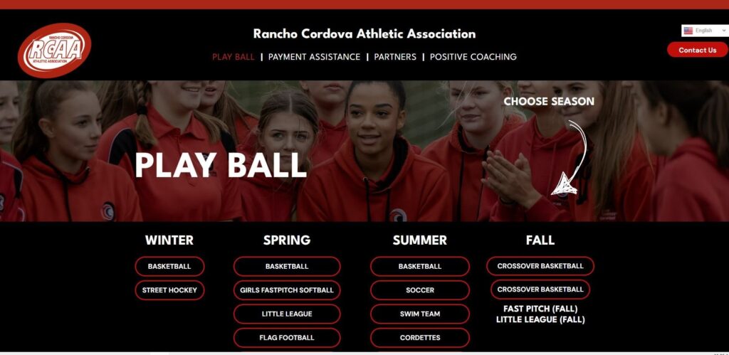 Website screenshot of Rancho Cordova Athletic Association with seasonal sports options and a group of young female athletes.