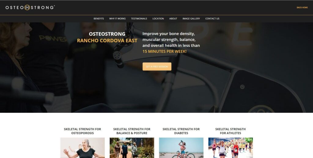 Web page header for OsteoStrong Rancho Cordova East with navigation menu and sections on health benefits