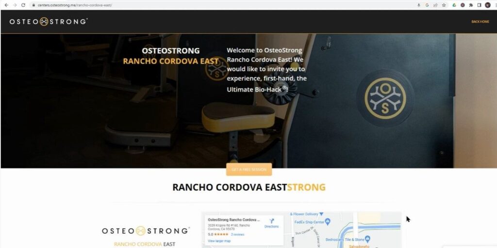 A screenshot of OsteoStrong Rancho Cordova East's website featuring exercise equipment, branding, and an invitation for a free session.