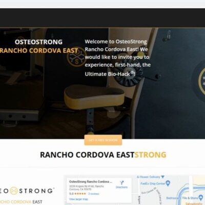 A screenshot of OsteoStrong Rancho Cordova East's website featuring exercise equipment, branding, and an invitation for a free session.