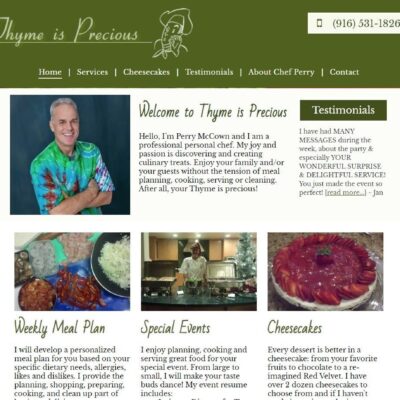 'Thyme is Precious' personal chef website featuring service offerings, client testimonials, and contact information