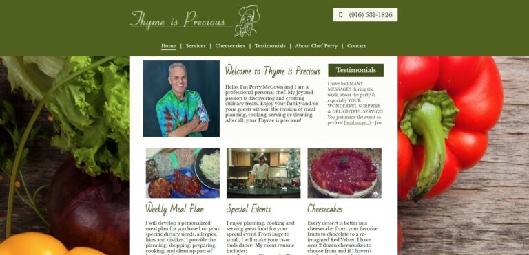 'Thyme is Precious' personal chef website featuring service offerings, client testimonials, and contact information