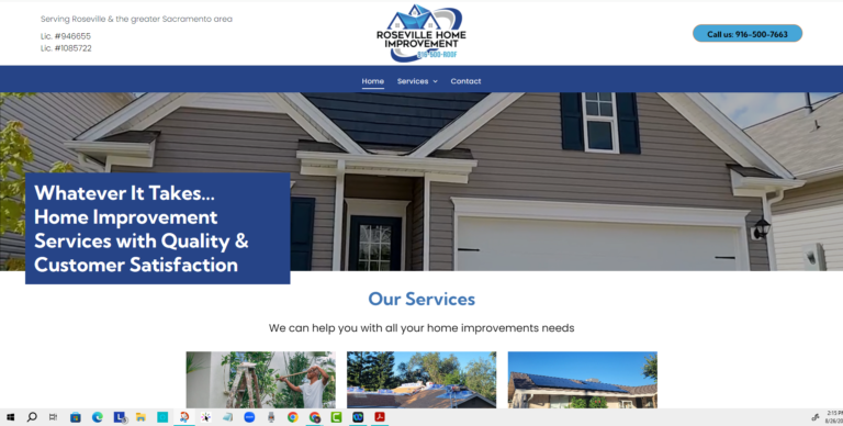 Screenshot of Roseville Home Improvement's homepage showing their services and contact details.